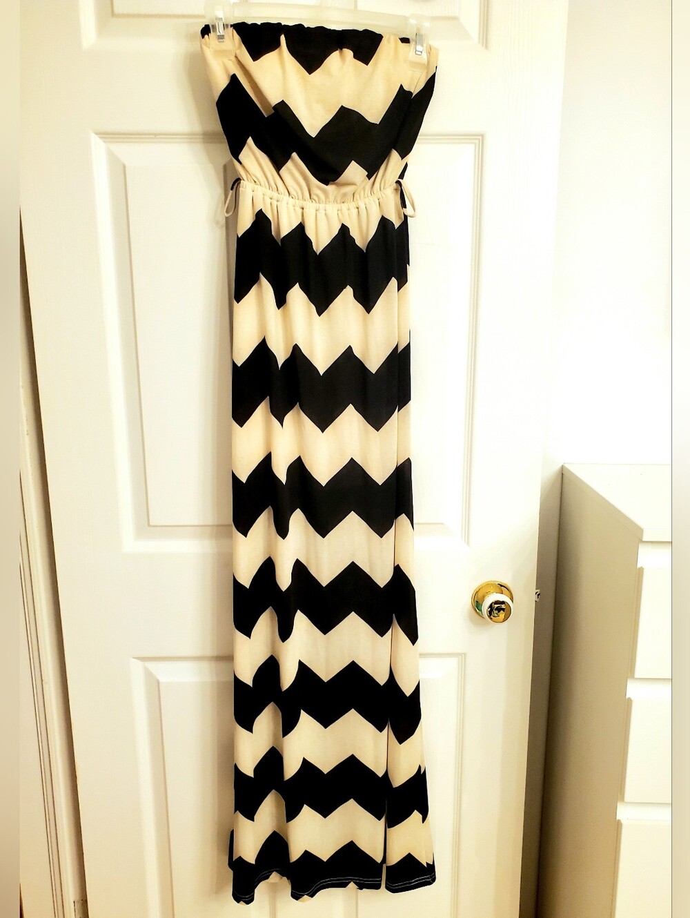 Strapless Chevron Maxi Dress in Black and Cream